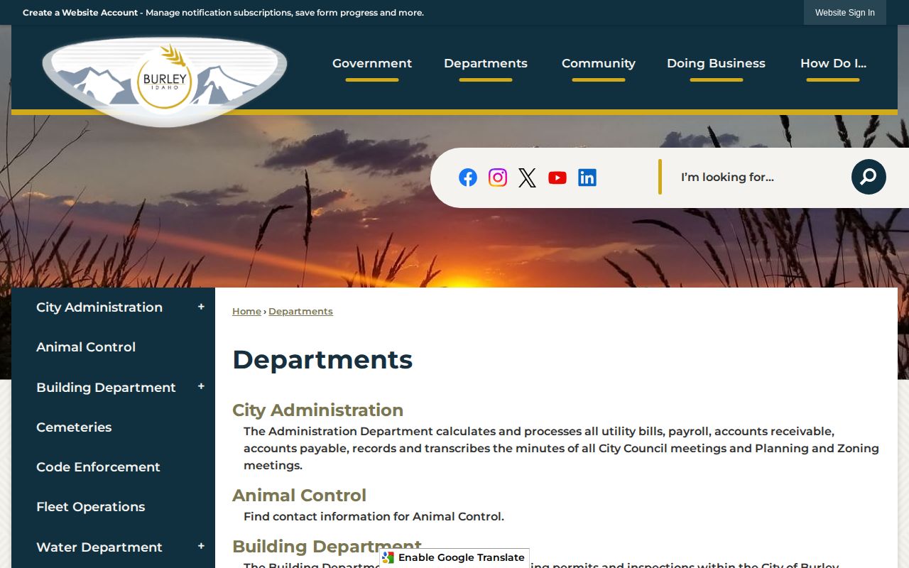 Burley city departments page documenting Cassia County booking-record routing