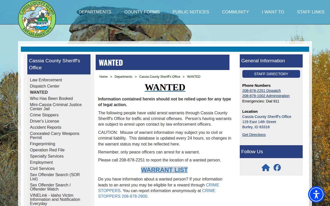 Cassia County official wanted warrant alert and safety notice