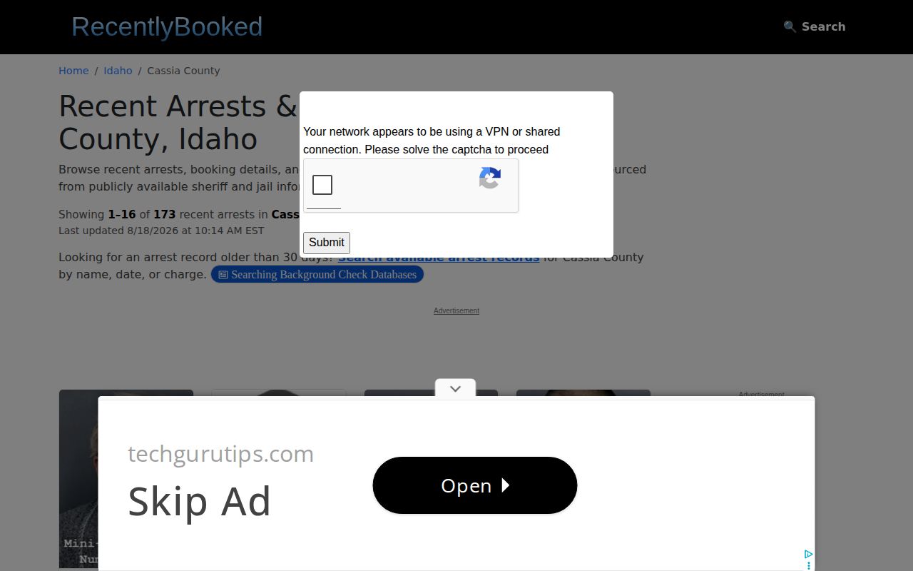 Unofficial Cassia County recent booking page for source comparison
